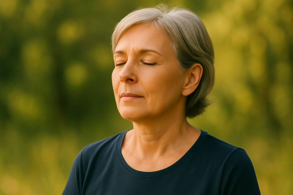 Middle-aged woman practicing gentle nasal breathing outdoors with eyes closed, surrounded by soft natural light and blurred greenery